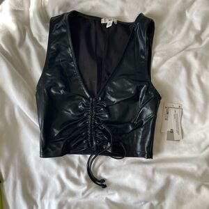Black Faux Leather Ruched Corset Style Crop Top